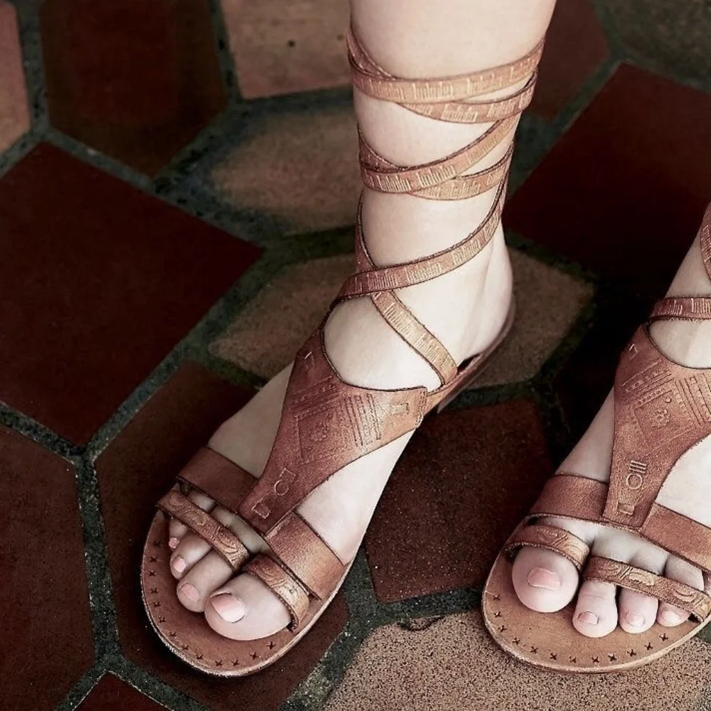 Free People Oliviera Tan Sandals Gladiator Flat Tooled LaceUp Ankle NEW 37 - 7 - Picture 7 of 14
